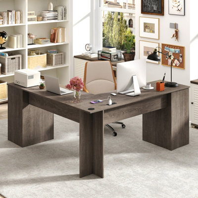 COSTWAY 168 CM L-shaped Computer Desk w/ Power Outlets Modern Corner Office Desk-Grey