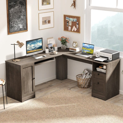 COSTWAY 168 CM L-shaped Computer Desk w/ Power Outlets Modern Corner ...