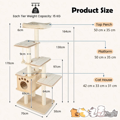 Costway 170 cm Modern Cat Tree Tower Cat Climbing Activity Center w/ Scratching Posts - 3