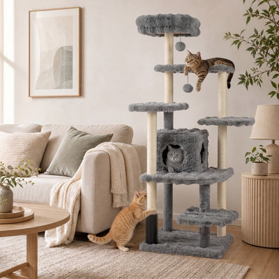 Costway 170cm Cat tree Cat Scratching Post with Cat Cave Beige/Grey