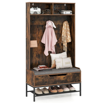 Costway 170cm Hall Tree Freestanding Entryway Bench 4-in-1 Coat Rack w/ Shoe Storage