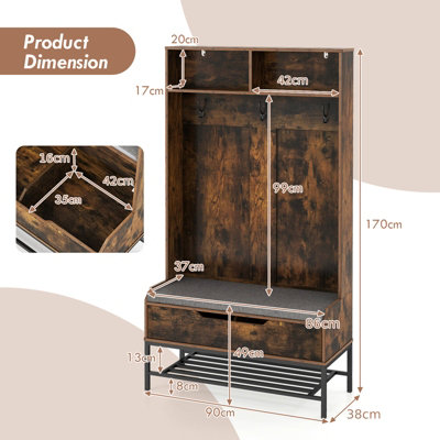 Costway 170cm Hall Tree Freestanding Entryway Bench 4-in-1 Coat Rack w/ Shoe Storage