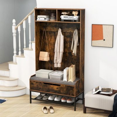 Costway 170cm Hall Tree Freestanding Entryway Bench 4-in-1 Coat Rack w/ Shoe Storage - 5