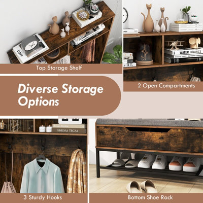 Costway 170cm Hall Tree Freestanding Entryway Bench 4-in-1 Coat Rack w/ Shoe Storage - 6