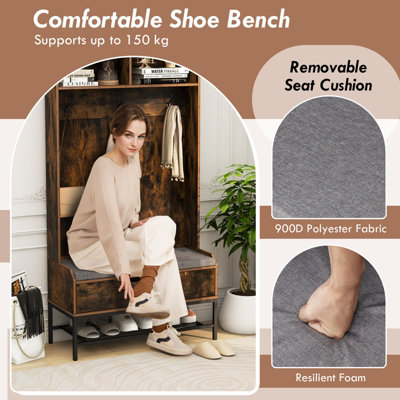 Costway 170cm Hall Tree Freestanding Entryway Bench 4-in-1 Coat Rack w/ Shoe Storage - 7