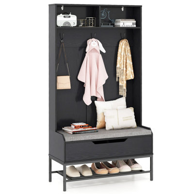 DOEWORKS 4-Tier Corner Hall Tree - Industrial Freestanding Coat Rack With Hooks & Wood Shelves, Black