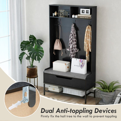 Costway 170cm Hall Tree Freestanding Entryway Bench 4-in-1 Coat Rack w/  Shoe Storage