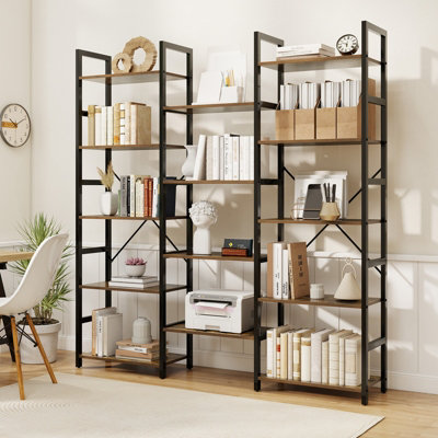 COSTWAY 172cm Tall Industrial Bookshelf Triple Metal Frame Bookcase w/ 14 Open Shelves Brown