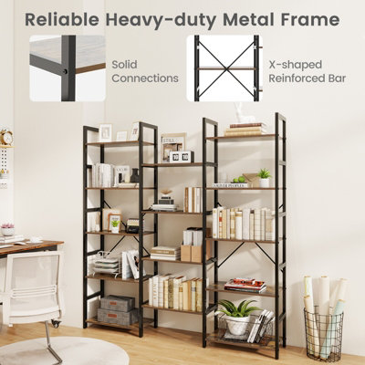 COSTWAY 172cm Tall Industrial Bookshelf Triple Metal Frame Bookcase w ...