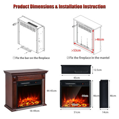 Costway 18" Electric Fireplace Freestanding & Recessed Heater Log Flame Remote 1500W