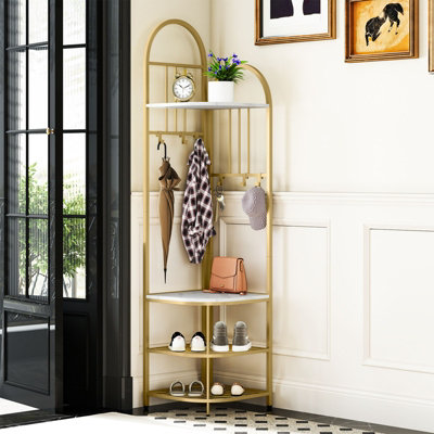 COSTWAY 180cm Tall Corner Hall Tree 4-Tier Coat Rack Entryway Shoes Shelf Organizer White & Gold
