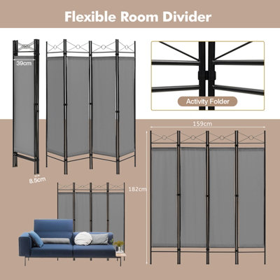 Costway 182cm Room Divider 4-Panel Folding Steel Frame Privacy Screen Freestanding Protective Partition