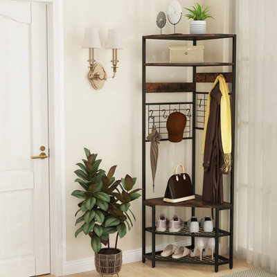 COSTWAY 183 CM Tall Corner Hall Tree 5-Tier Coat Rack w/ Shoe Storage Bench Rustic Brown