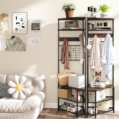 Recaceik Corner Coat Rack & Shoe Shelf - Freestanding Entryway Organizer With 8 Hooks, Rustic Brown
