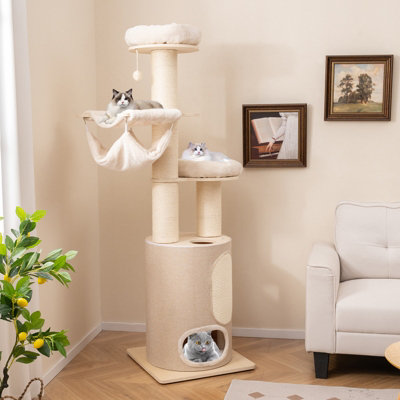 Costway 187 cm Tall Wooden Cat Tower Tree w/ 2-Story Cat Condo & Hammocks