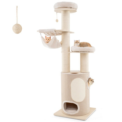 Costway 187 cm Tall Wooden Cat Tower Tree w/ 2-Story Cat Condo & Hammocks