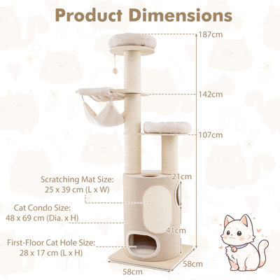 Costway 187 cm Tall Wooden Cat Tower Tree w/ 2-Story Cat Condo & Hammocks - 3