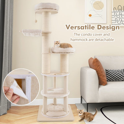 Costway 187 cm Tall Wooden Cat Tower Tree w/ 2-Story Cat Condo & Hammocks - 4