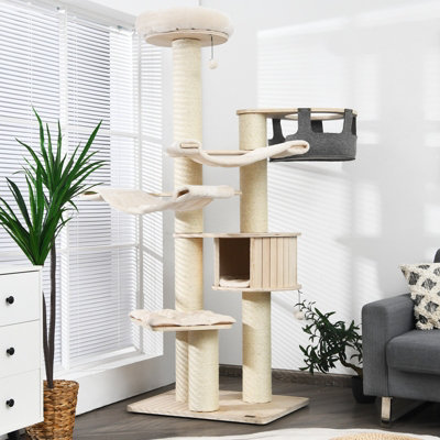 Costway 197 cm Tall Cat Tree Multi-Level Wooden Cat Tower Activity Center w/ Top Perch