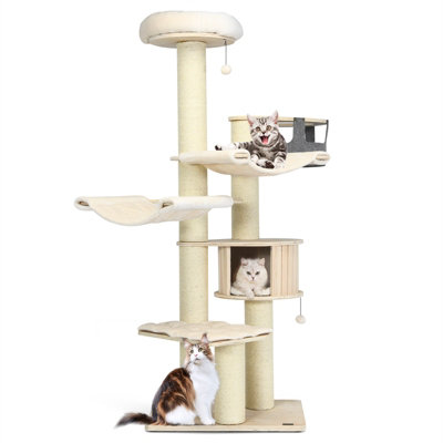 Costway 197 cm Tall Cat Tree Multi-Level Wooden Cat Tower Activity Center w/ Top Perch