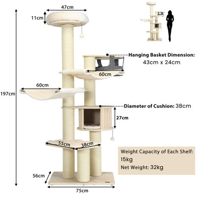 Costway 197 cm Tall Cat Tree Multi-Level Wooden Cat Tower Activity Center w/ Top Perch - 3