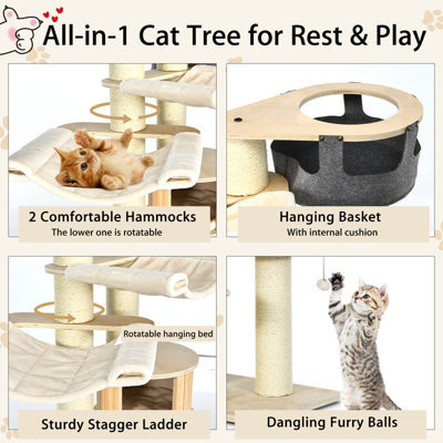 Costway 197 cm Tall Cat Tree Multi-Level Wooden Cat Tower Activity Center w/ Top Perch - 4