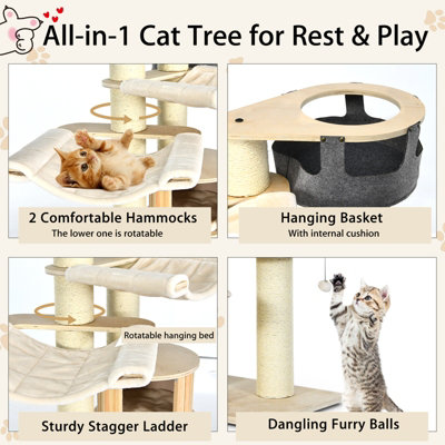 Costway 197 cm Tall Cat Tree Multi-Level Wooden Cat Tower Activity Center w/ Top Perch