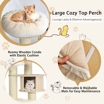 Costway 197 cm Tall Cat Tree Multi-Level Wooden Cat Tower Activity Center w/ Top Perch - 5