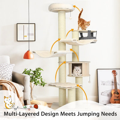 Costway 197 cm Tall Cat Tree Multi-Level Wooden Cat Tower Activity Center w/ Top Perch - 7