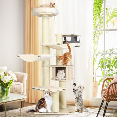 Costway 197 cm Tall Cat Tree Multi-Level Wooden Cat Tower Activity Center w/ Top Perch - 9