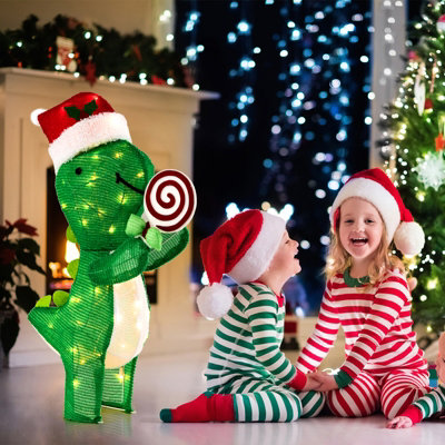 Costway 2.4 FT Lighted Christmas Decorations Outdoor Pre-lit Xmas Dinosaur Ornament - 3