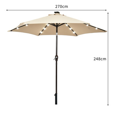 Costway 2.7M Outdoor Parasol 18 Solar Power LED Lights Patio Umbrella with Tilt Crank Handle Beige
