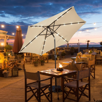 Costway 2.7M Outdoor Parasol 18 Solar Power LED Lights Patio Umbrella with Tilt Crank Handle Beige - 5