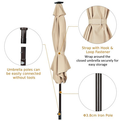 Costway 2.7M Outdoor Parasol 18 Solar Power LED Lights Patio Umbrella with Tilt Crank Handle Beige - 8