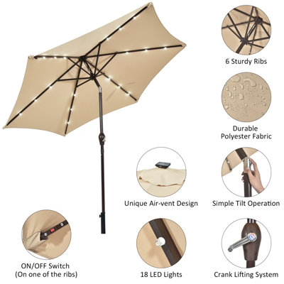 Costway 2.7M Outdoor Parasol 18 Solar Power LED Lights Patio Umbrella with Tilt Crank Handle Beige - 9