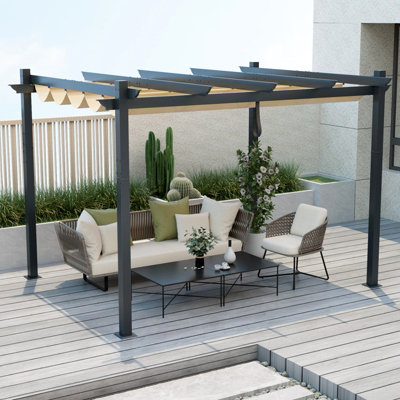 COSTWAY 2.9 X 3.6 m Outdoor Retractable Pergola Aluminum Patio Shelter w/ Canopy Beige