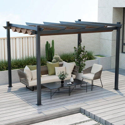 COSTWAY 2.9 X 3.6 m Outdoor Retractable Pergola Aluminum Patio Shelter w/ Canopy Brown