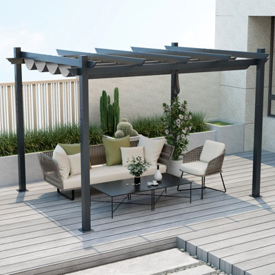 COSTWAY 2.9 X 3.6 m Outdoor Retractable Pergola Aluminum Patio Shelter w/ Canopy Grey
