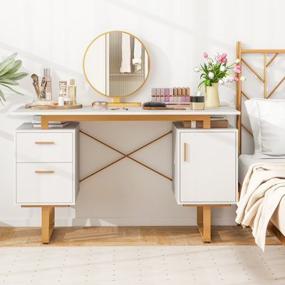 COSTWAY 2 Drawers Computer Desk Modern Vanity Table with Floating ...