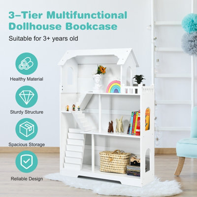 Costway 2 in 1 Bedroom Wooden Dollhouse Bookcase 3 Tier Kids