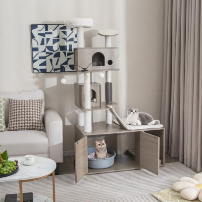 Costway 2-in-1 Cat Tower Modern Cat Tree with Litter Box Enclosure - 3