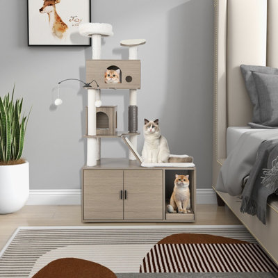 Costway 2-in-1 Cat Tower Modern Cat Tree with Litter Box Enclosure - 4