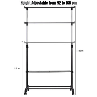 Costway 2 in 1 Clothes Rack Standing Shelf w/ Shoe Rack & Universal Wheels Height-adjustable Clothes Rail - 6