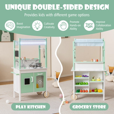 Costway 2 In 1 Double sided Pretend Play Kitchen Grocery Store Playset w LED Light Bars