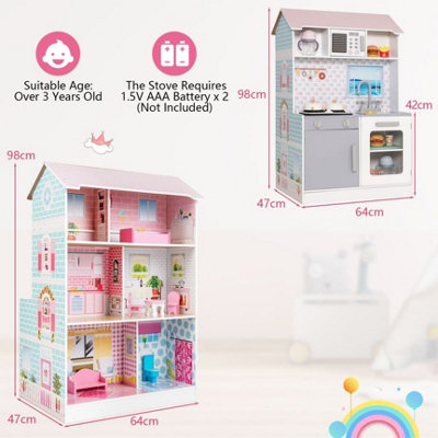 Costway 2-in-1 Double Sided Wooden Dollhouse Kitchen Playset