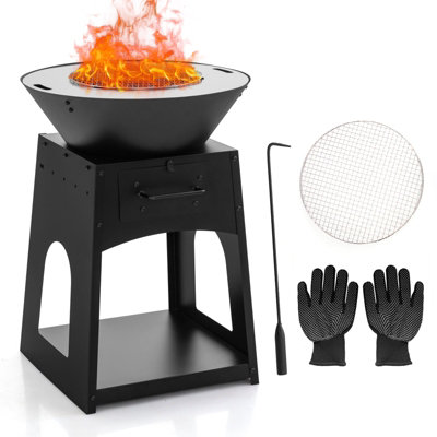 Costway 2 In 1 Fire Pit with BBQ Grill 60cm Metal Firewood Stove w/ Fire Poker