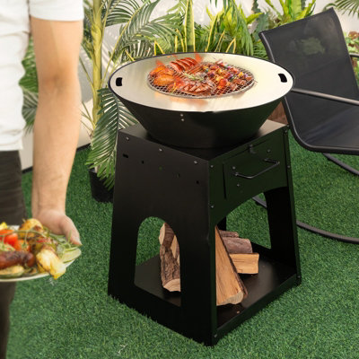 Costway 2 In 1 Fire Pit with BBQ Grill 60cm Metal Firewood Stove w/ Fire Poker - 4