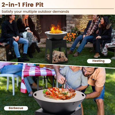 Costway 2 In 1 Fire Pit with BBQ Grill 60cm Metal Firewood Stove w/ Fire Poker - 5