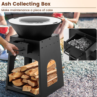 Costway 2 In 1 Fire Pit with BBQ Grill 60cm Metal Firewood Stove w/ Fire Poker - 6