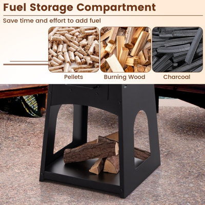 Costway 2 In 1 Fire Pit with BBQ Grill 60cm Metal Firewood Stove w/ Fire Poker - 7